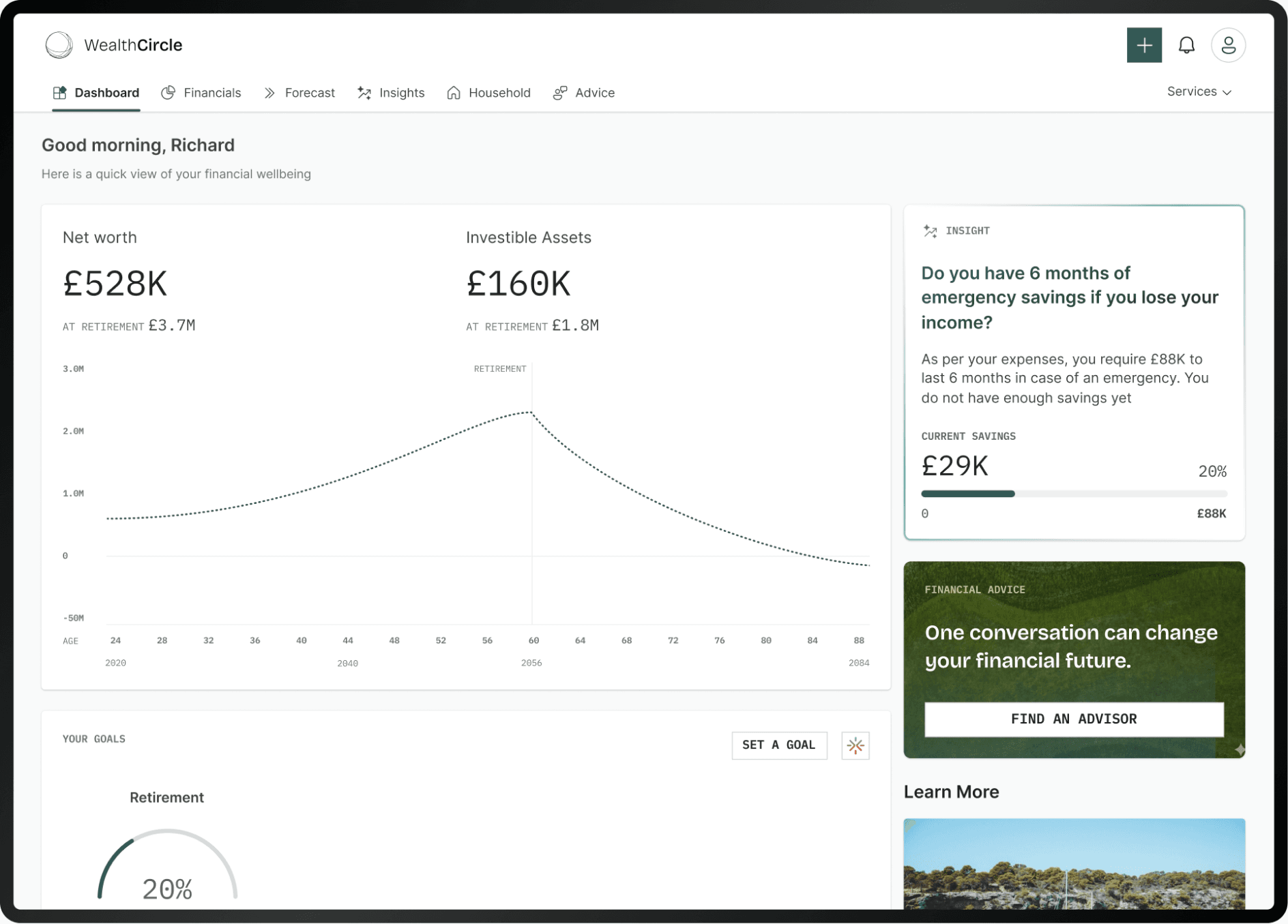 WealthCircle dashboard showing net worth, investable assets and an emergency-savings insight